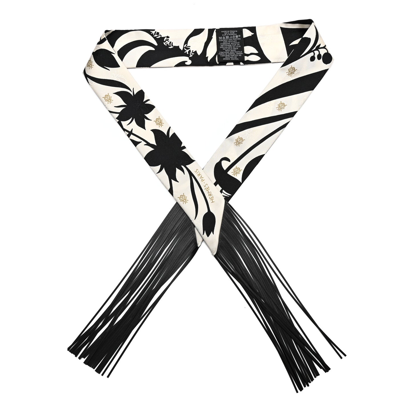 Silk Calfskin Bouquet Final Fringed Twilly Creme Black