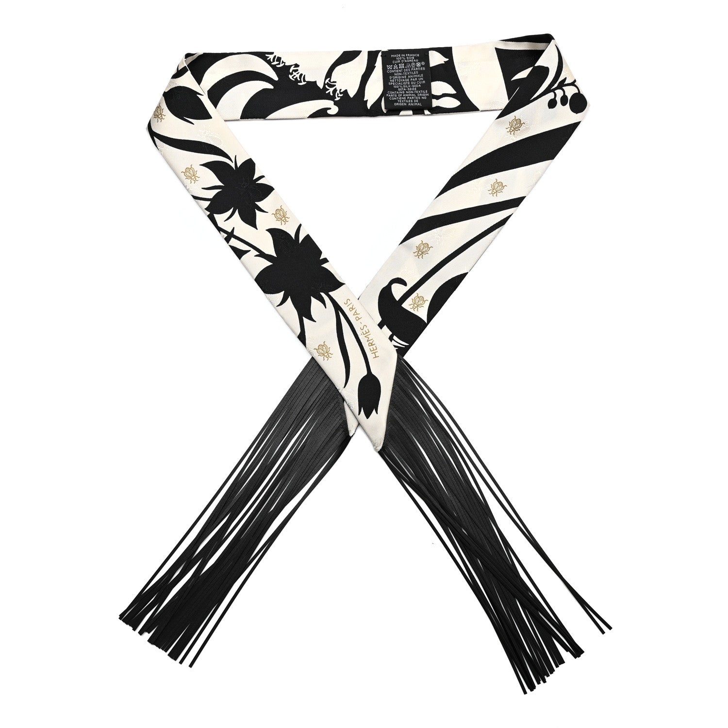 Hermes Silk Calfskin Bouquet Final Fringed Twilly Creme Black 1 of 4