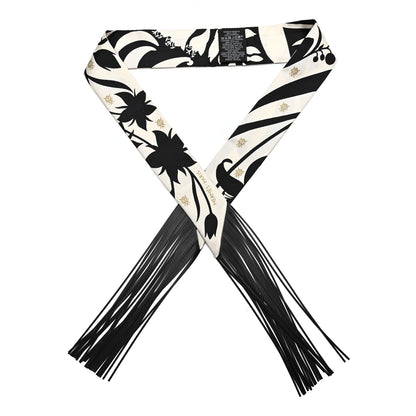 Hermes Silk Calfskin Bouquet Final Fringed Twilly Creme Black 1 of 4