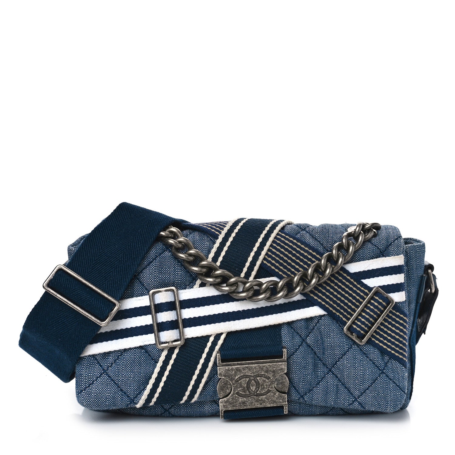 Chanel Denim Quilted Medium Airlines Buckle Messenger Bag Blue 1 of 10