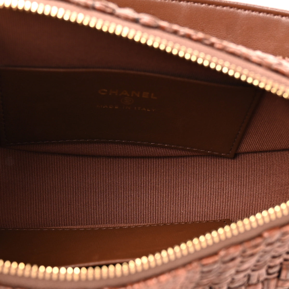 Braided Raffia Clutch With Chain Brown