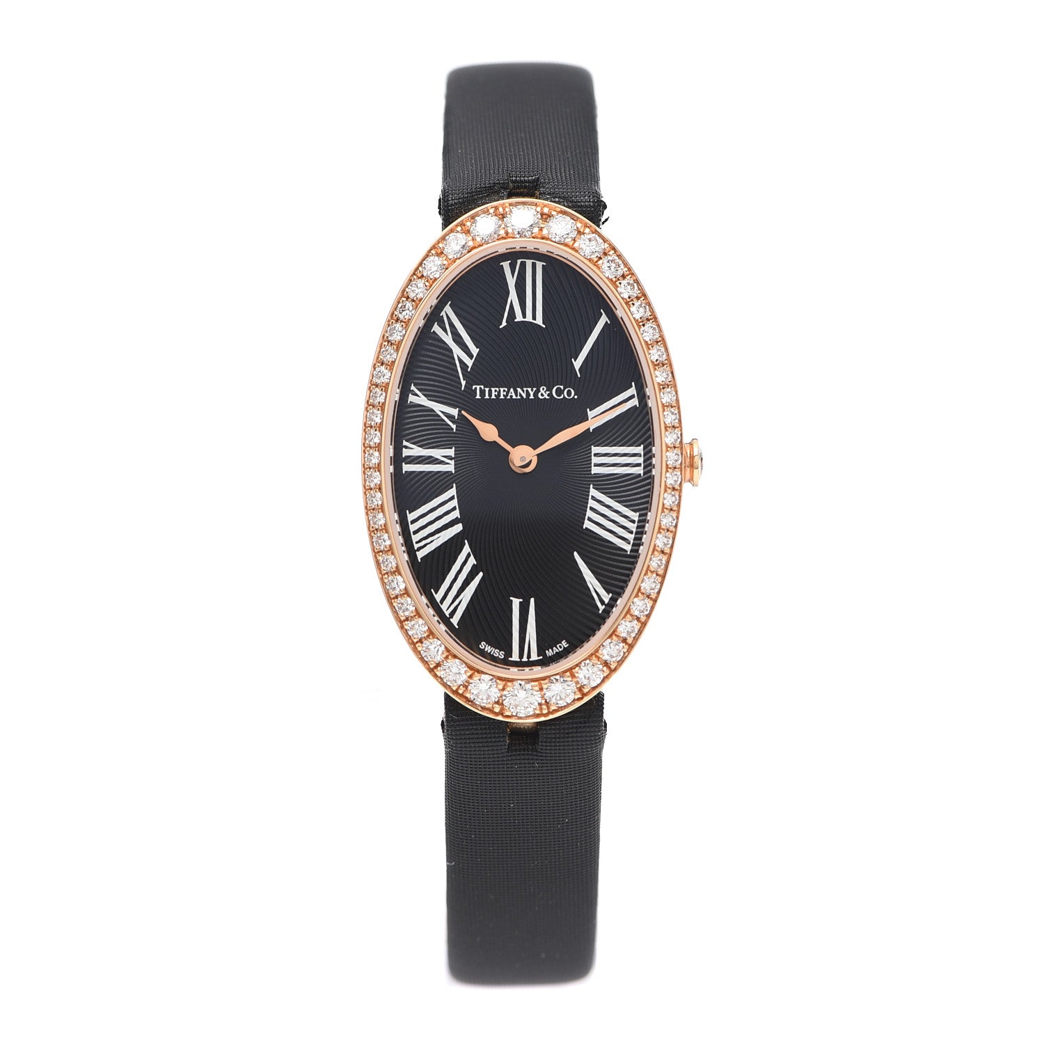 Tiffany 18K Rose Gold Satin Diamond Bezel 21mm 2-Hand Cocktail Quartz Watch Black 1 of 5