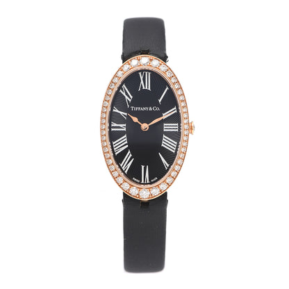 Tiffany 18K Rose Gold Satin Diamond Bezel 21mm 2-Hand Cocktail Quartz Watch Black 1 of 5
