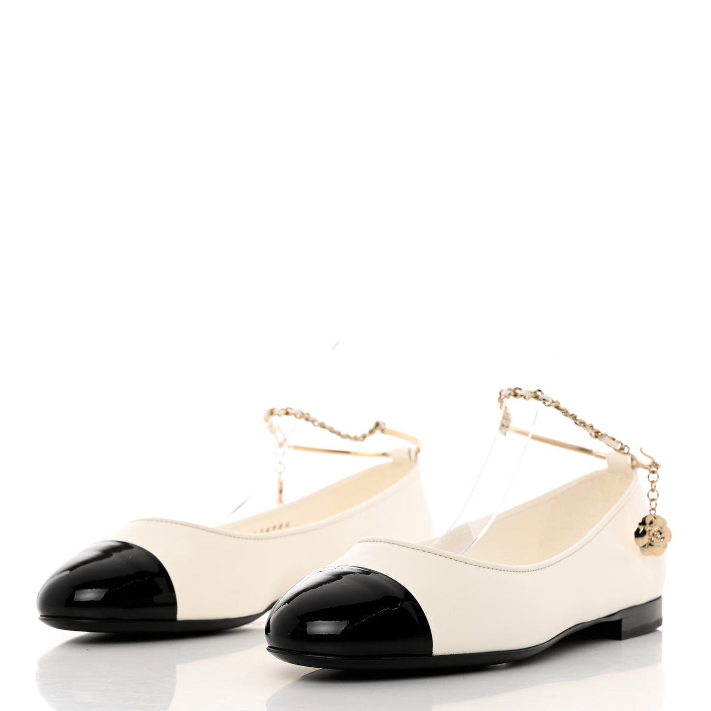 Lambskin Patent Calfskin Cap Toe Ankle Chain Ballerina Flats 38 White Black
