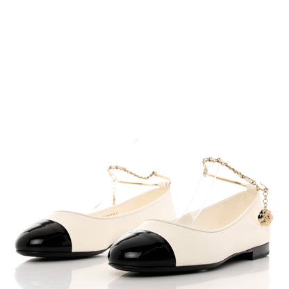 Chanel Lambskin Patent Calfskin Cap Toe Ankle Chain Ballerina Flats 38 White Black 3 of 10