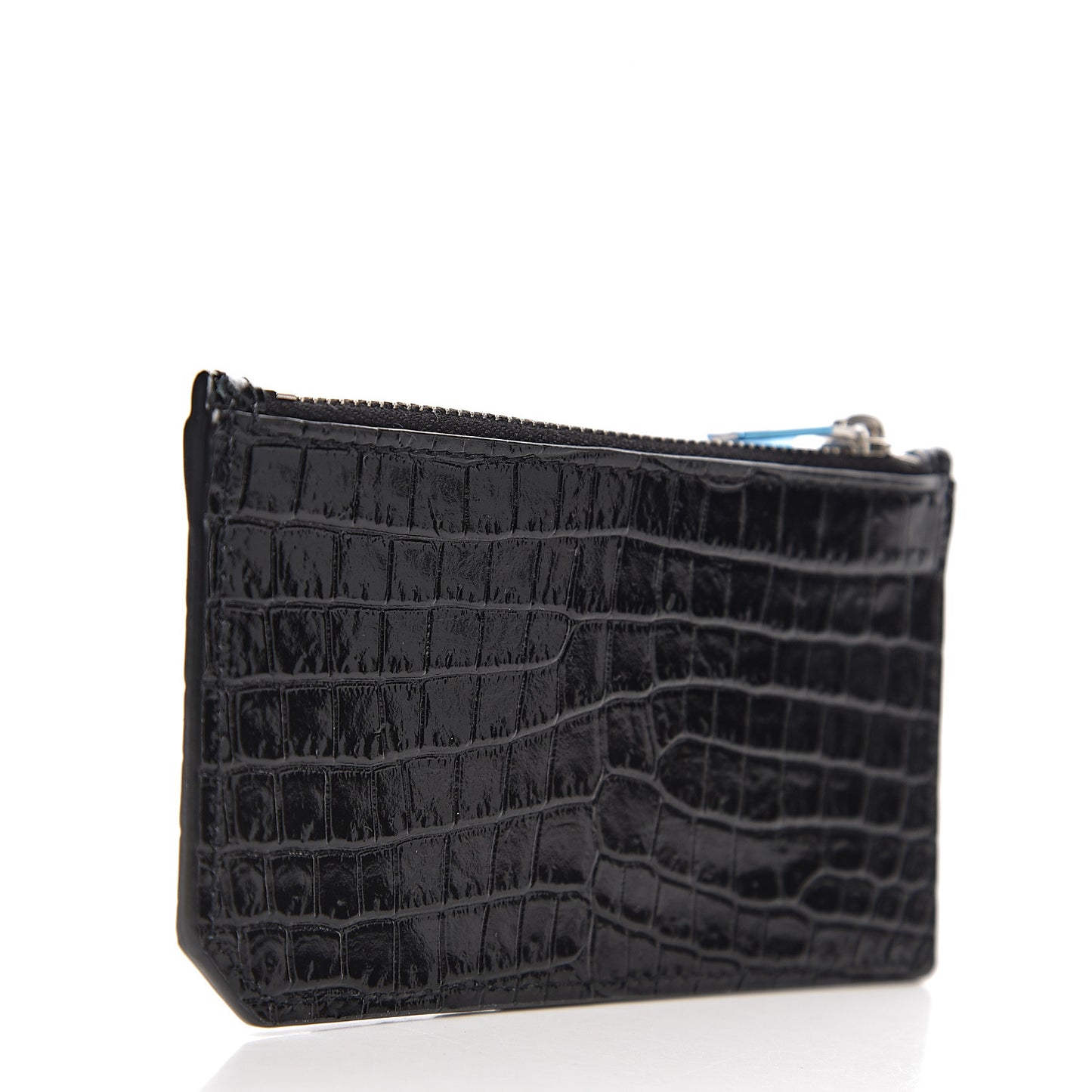 Calfskin Crocodile Embossed 5 Fragments Zip Card Holder Black