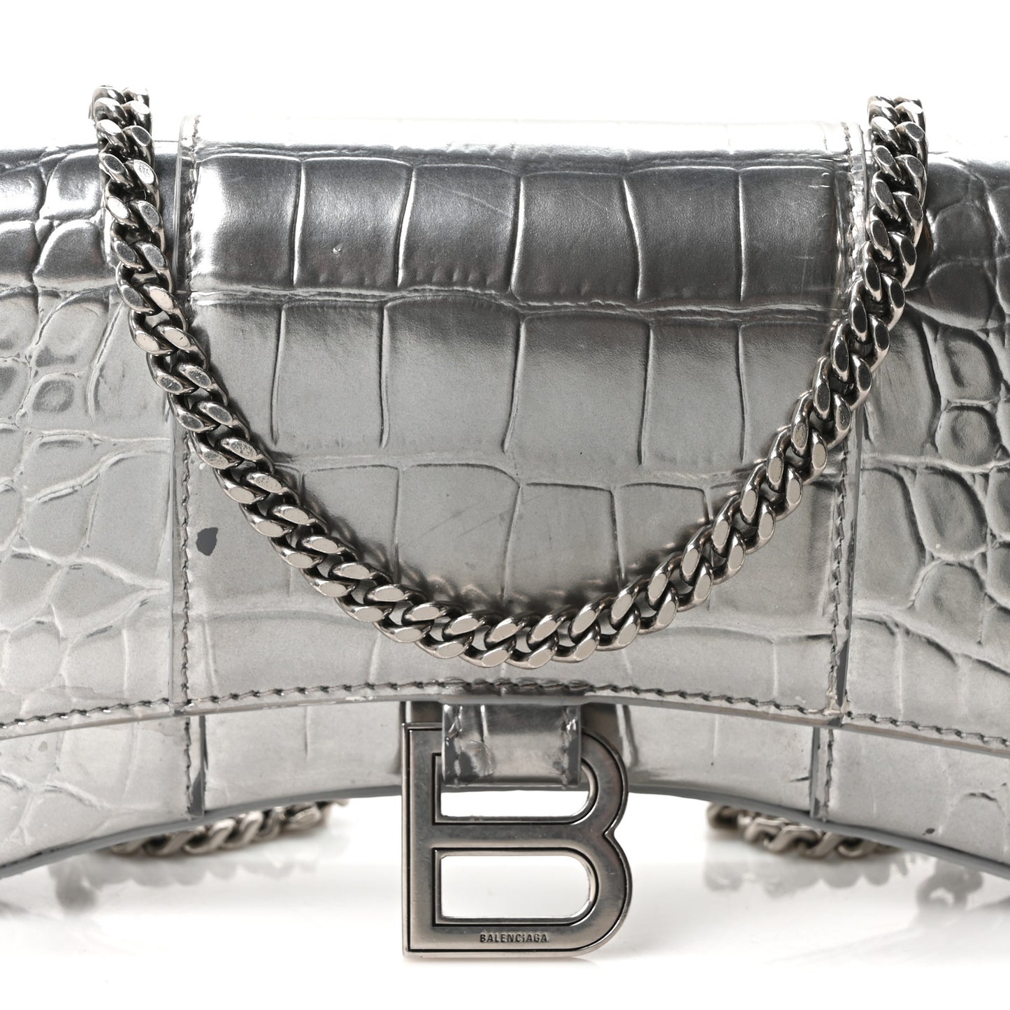 Metallic Calfskin Crocodile Embossed Hourglass Chain Bag Silver