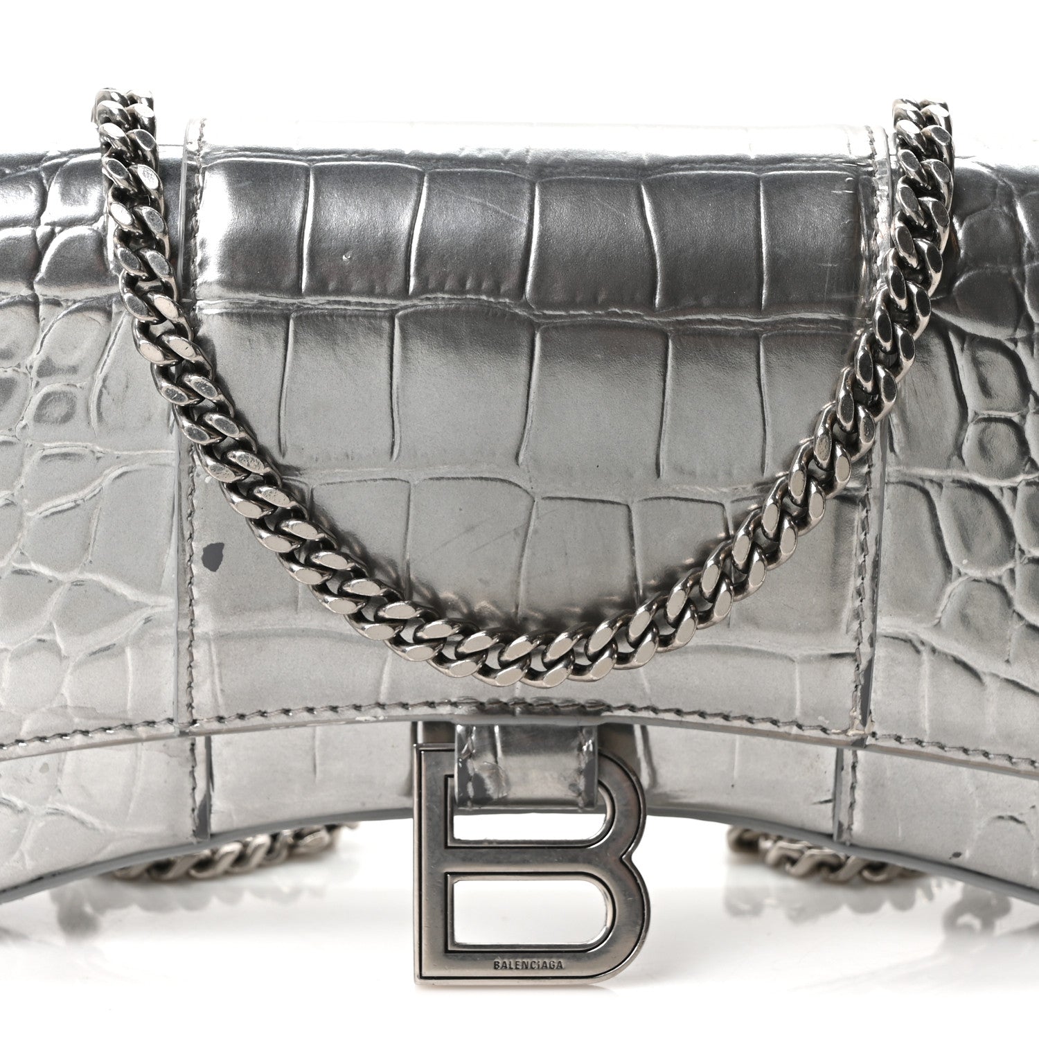 Balenciaga Metallic Calfskin Crocodile Embossed Hourglass Chain Bag Silver 9 of 12