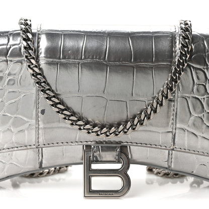 Balenciaga Metallic Calfskin Crocodile Embossed Hourglass Chain Bag Silver 9 of 12