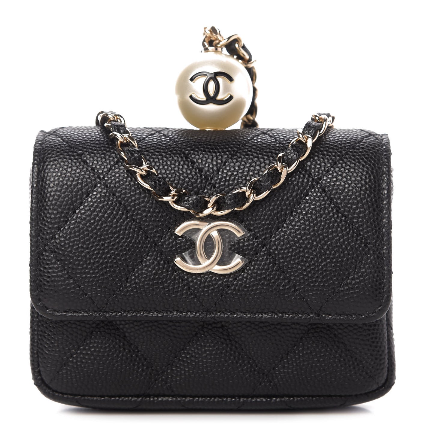 Caviar Quilted Pearl Card Holder On Chain Black
