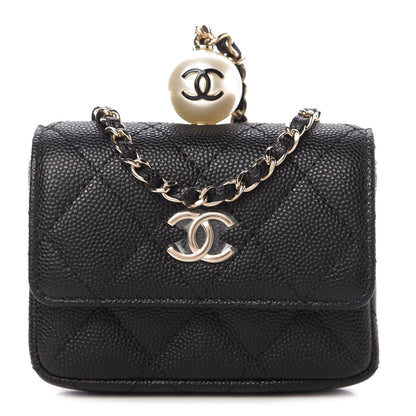 Chanel Caviar Quilted Pearl Card Holder On Chain Black 1 of 11