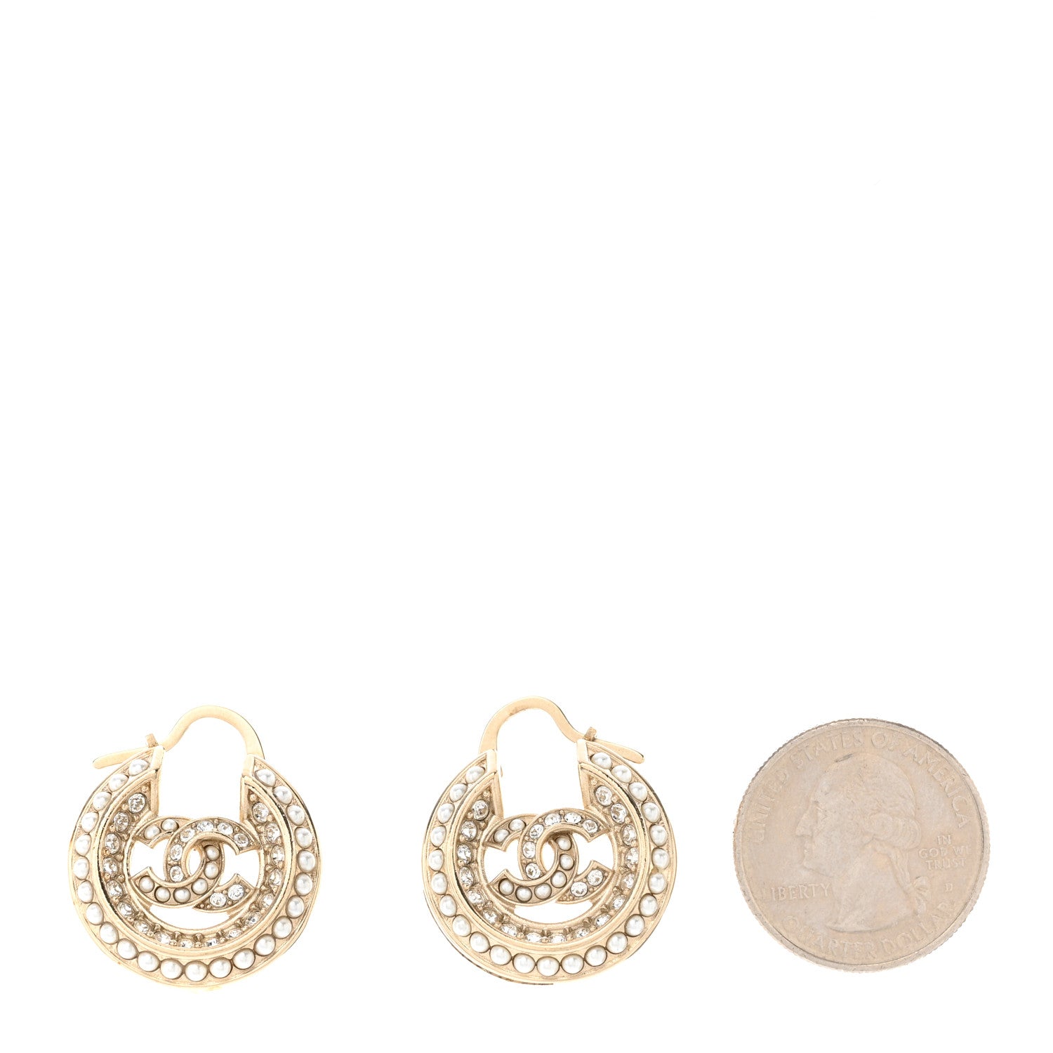 Chanel Metal Crystal Pearl CC Hoop Earrings Gold 2 of 5