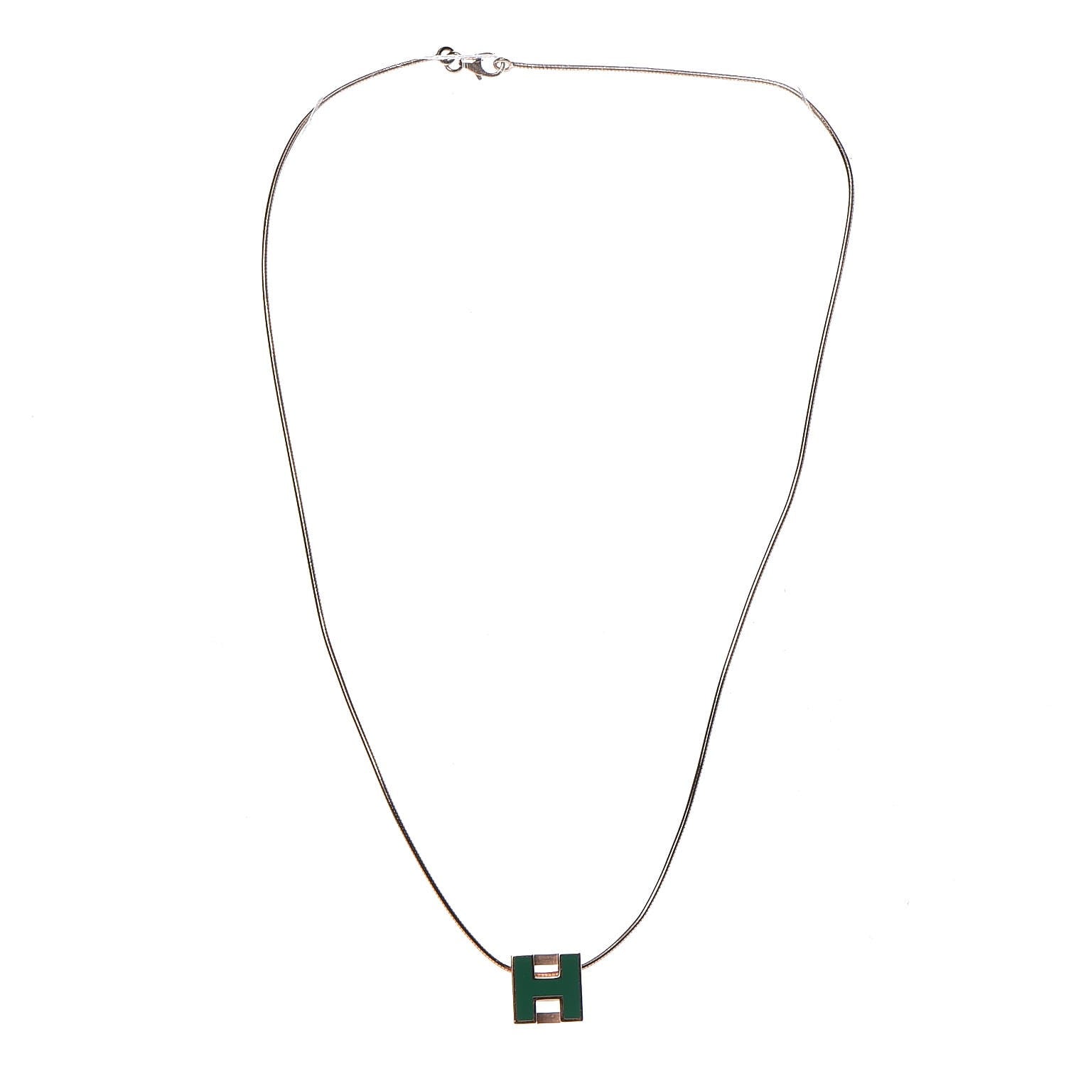 Hermes Rose Gold Lacquered Cage d'H Pendant Necklace Vert Malachite 3 of 7