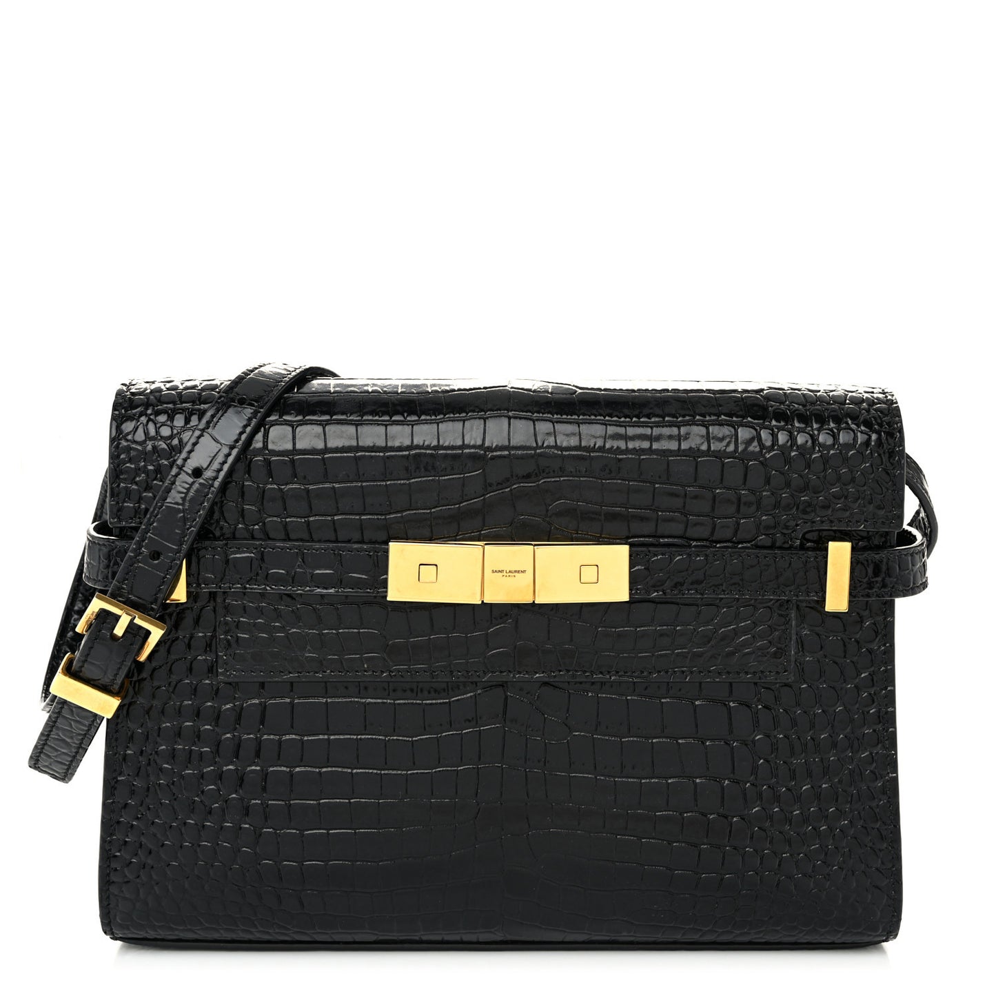 Shiny Calfskin Crocodile Embossed Small Manhattan Baguette Black