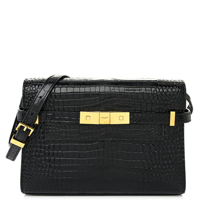 Saint Laurent Shiny Calfskin Crocodile Embossed Small Manhattan Baguette Black 1 of 10