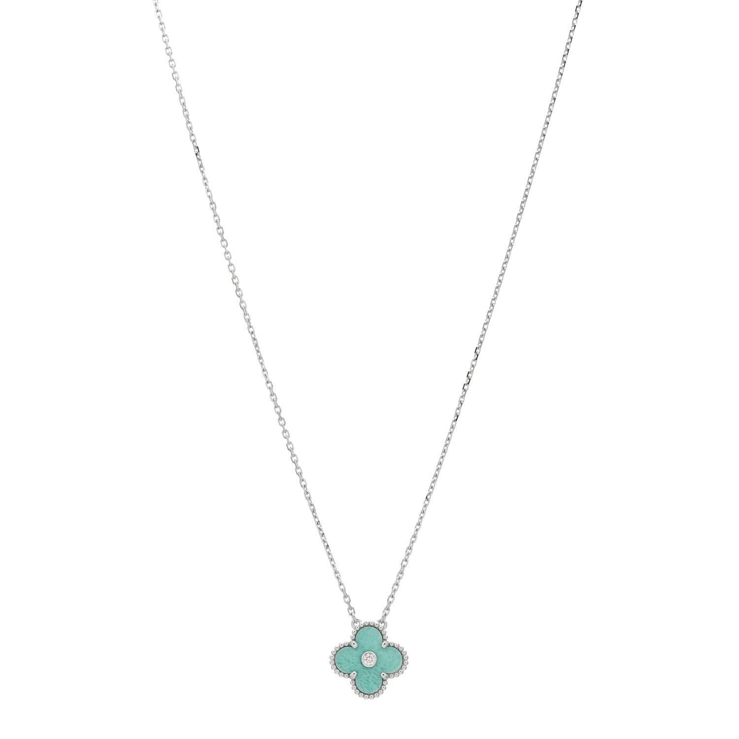 Van Cleef & Arpels 18K White Gold Diamond Celadon Green Sevres Porcelain Vintage Alhambra Pendant Necklace 1 of 3