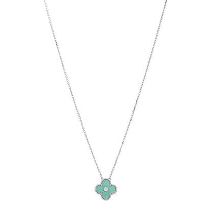 Van Cleef & Arpels 18K White Gold Diamond Celadon Green Sevres Porcelain Vintage Alhambra Pendant Necklace 1 of 3