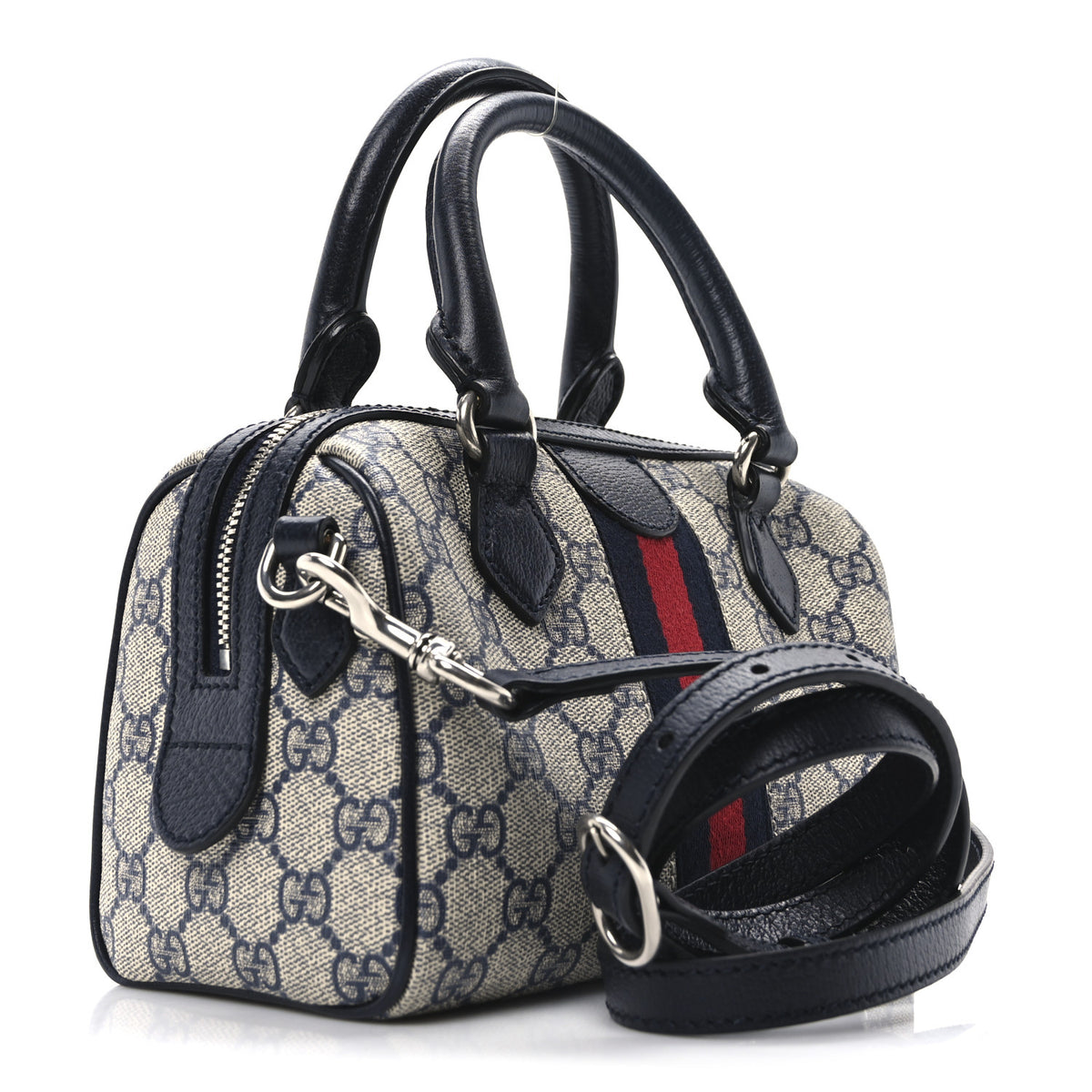 GG Supreme Monogram Textured Dollar Calfskin Web Mini Ophidia Top Handle Bag Beige Blue