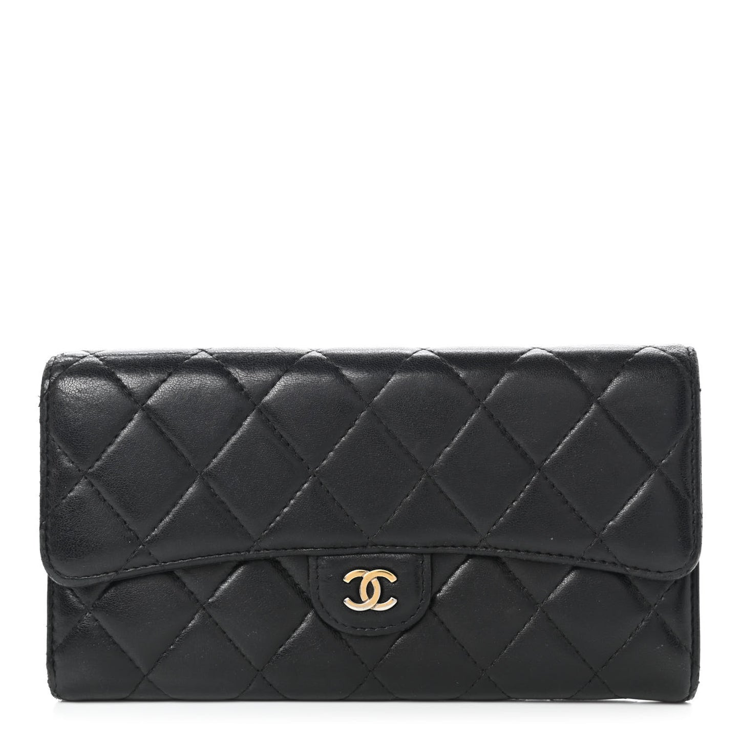 Lambskin Quilted Large Gusset Flap Wallet Black