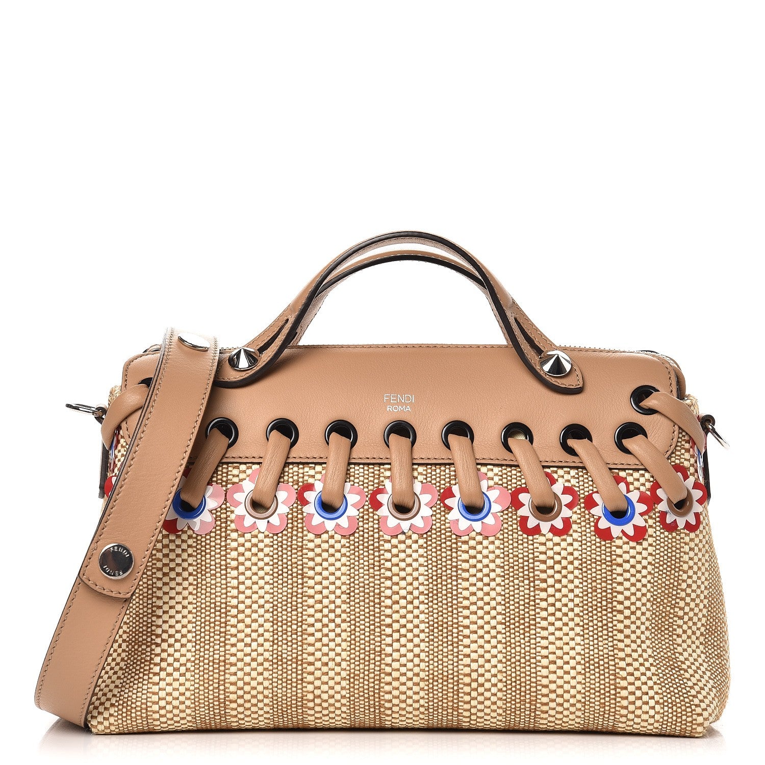Fendi Paglia Vitello Dolce Flowerland Lace Up Striped Medium By The Way Boston Bag Natural Cuoio Multicolor 1 of 9