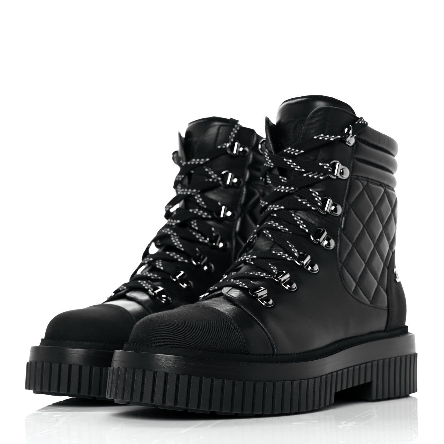 Chanel Calfskin Grosgrain Quilted Lace Up Boots 38 Black Grey 3 of 7