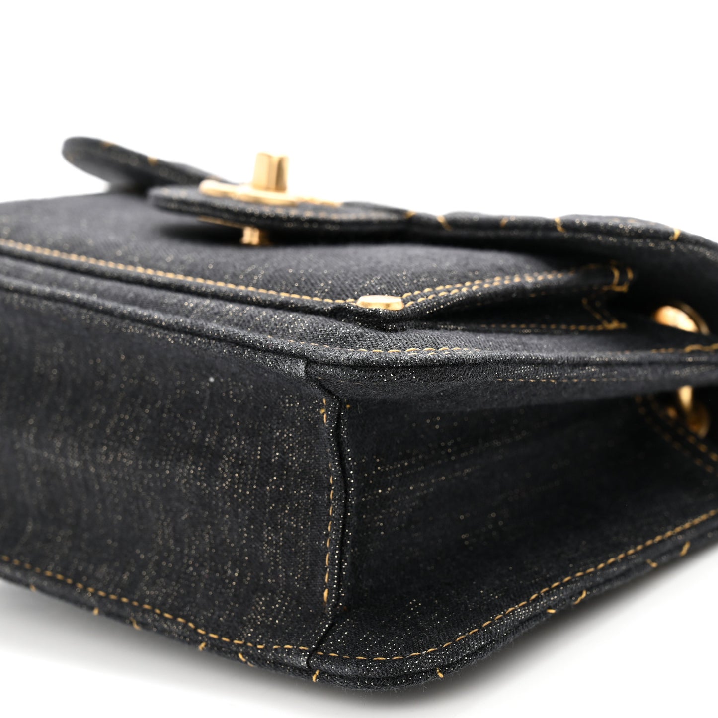 Denim Quilted Double You Mini Flap Black Golden
