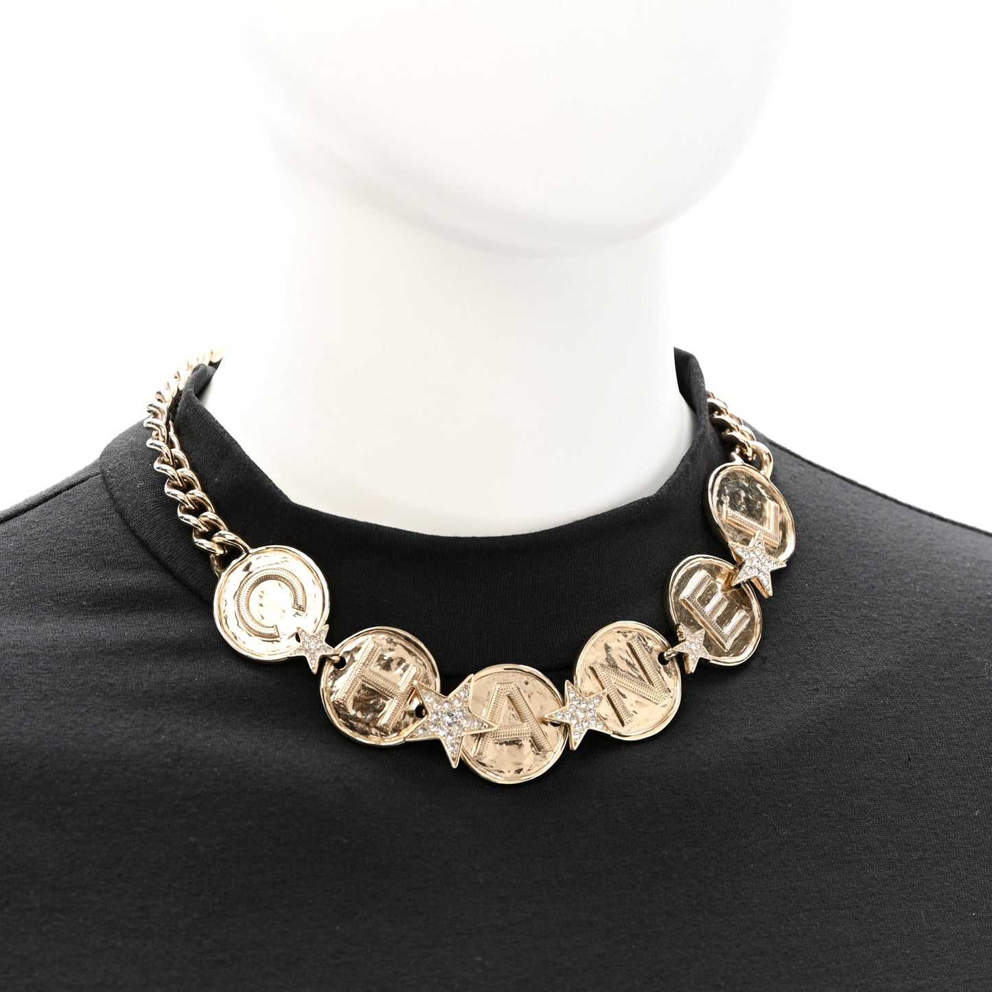 Metal Crystal Textured CC Logo Star Chain Choker Necklace Gold