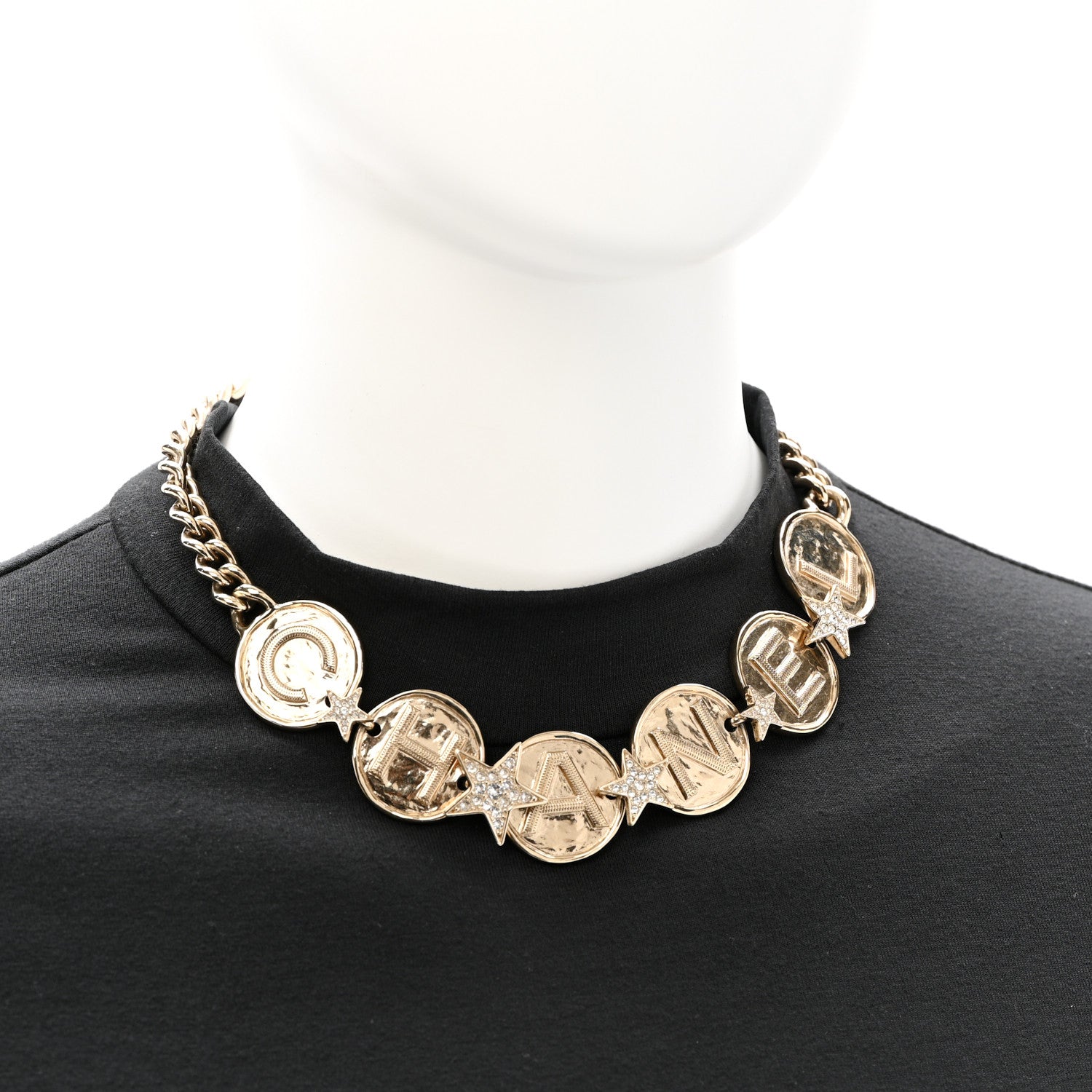 Chanel Metal Crystal Textured CC Logo Star Chain Choker Necklace Gold 2 of 5
