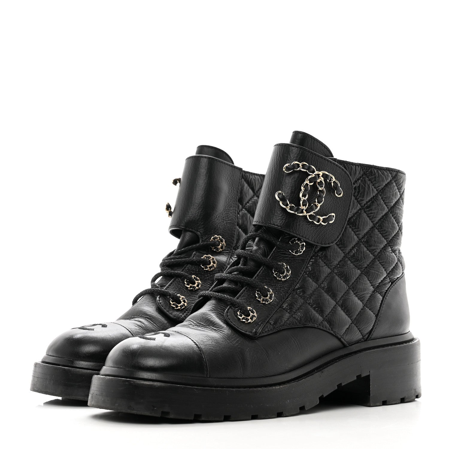 Chanel Shiny Calfskin Quilted Lace Up Combat Boots 37.5 Black 3 of 9