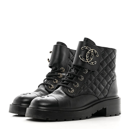 Chanel Shiny Calfskin Quilted Lace Up Combat Boots 37.5 Black 3 of 9
