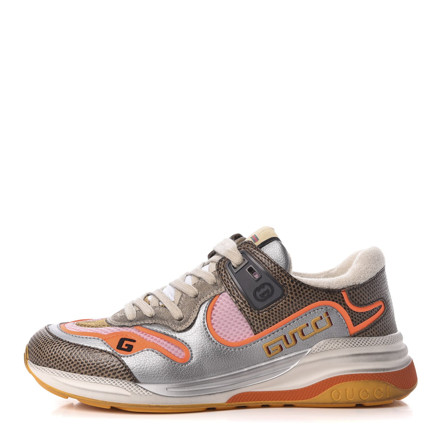 Gucci Calfskin Suede Mesh Lizard Embossed Womens Ultrapace Sneakers 36 Silver Anthracite Neon Orange 1 of 8