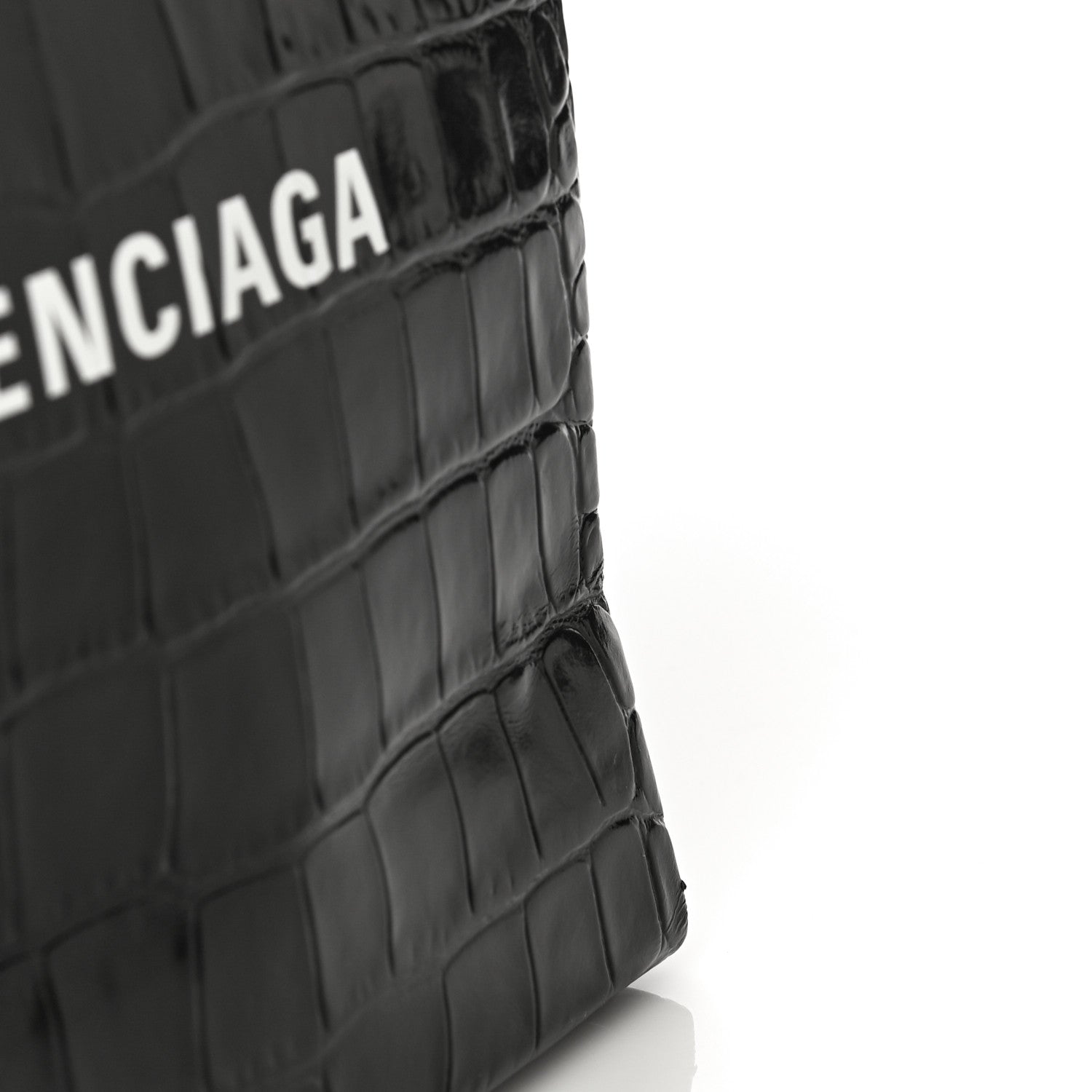 Balenciaga Shiny Calfskin Logo Crocodile Embossed North South Shopper Tote XXS Black White 8 of 12