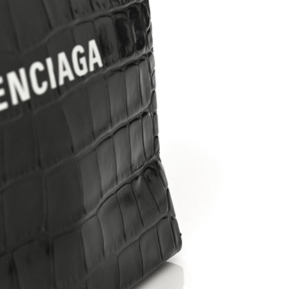 Balenciaga Shiny Calfskin Logo Crocodile Embossed North South Shopper Tote XXS Black White 8 of 12