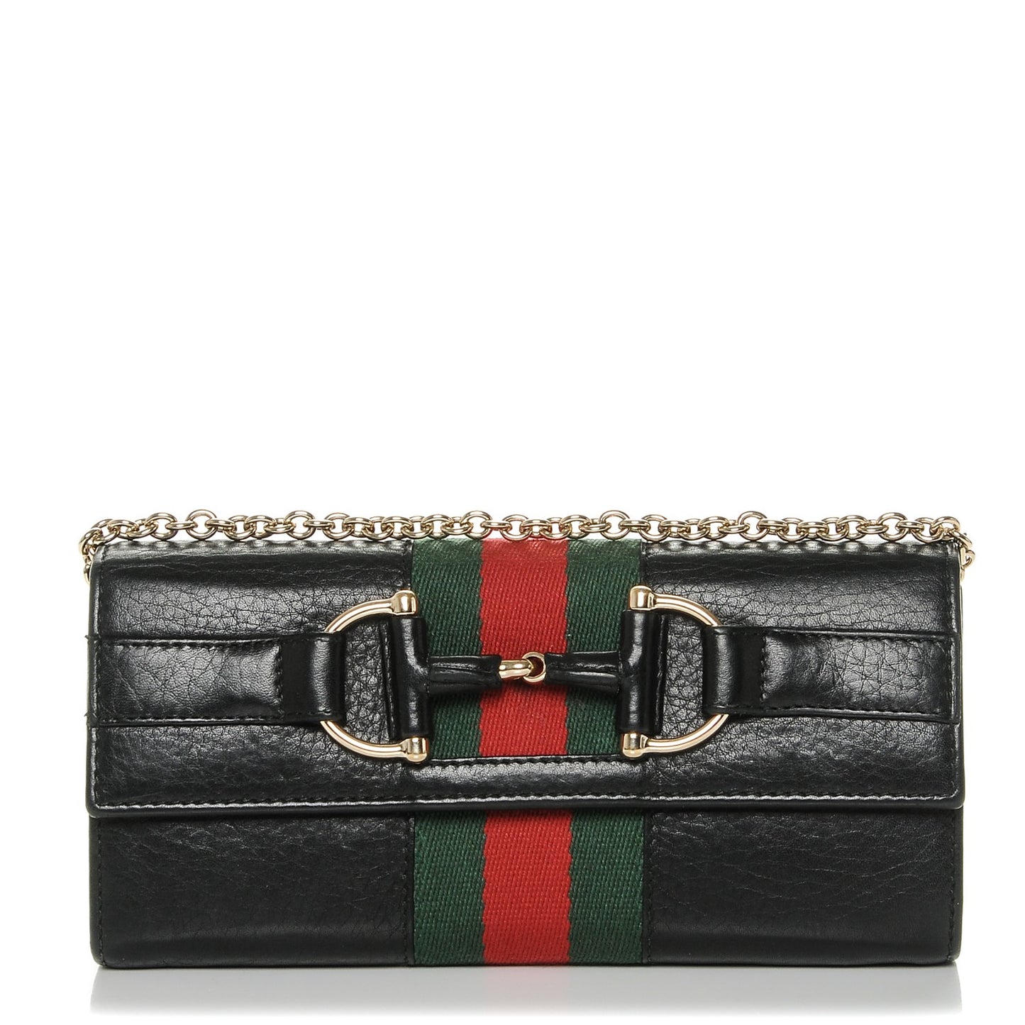 Calfskin Web Horsebit Chain Clutch Wallet Black