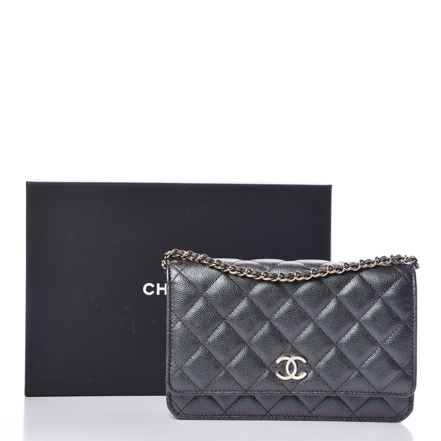 Iridescent Caviar Quilted Wallet On Chain WOC Black