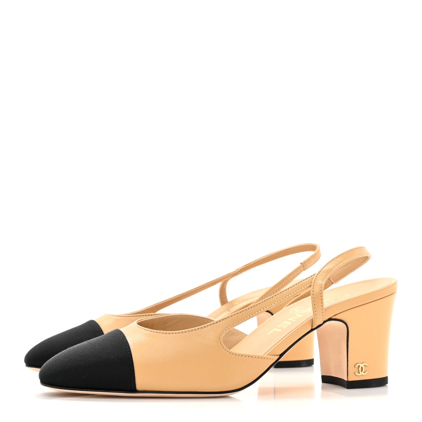 Goatskin Grosgrain Cap Toe CC Slingback Pumps 37.5 Beige Black