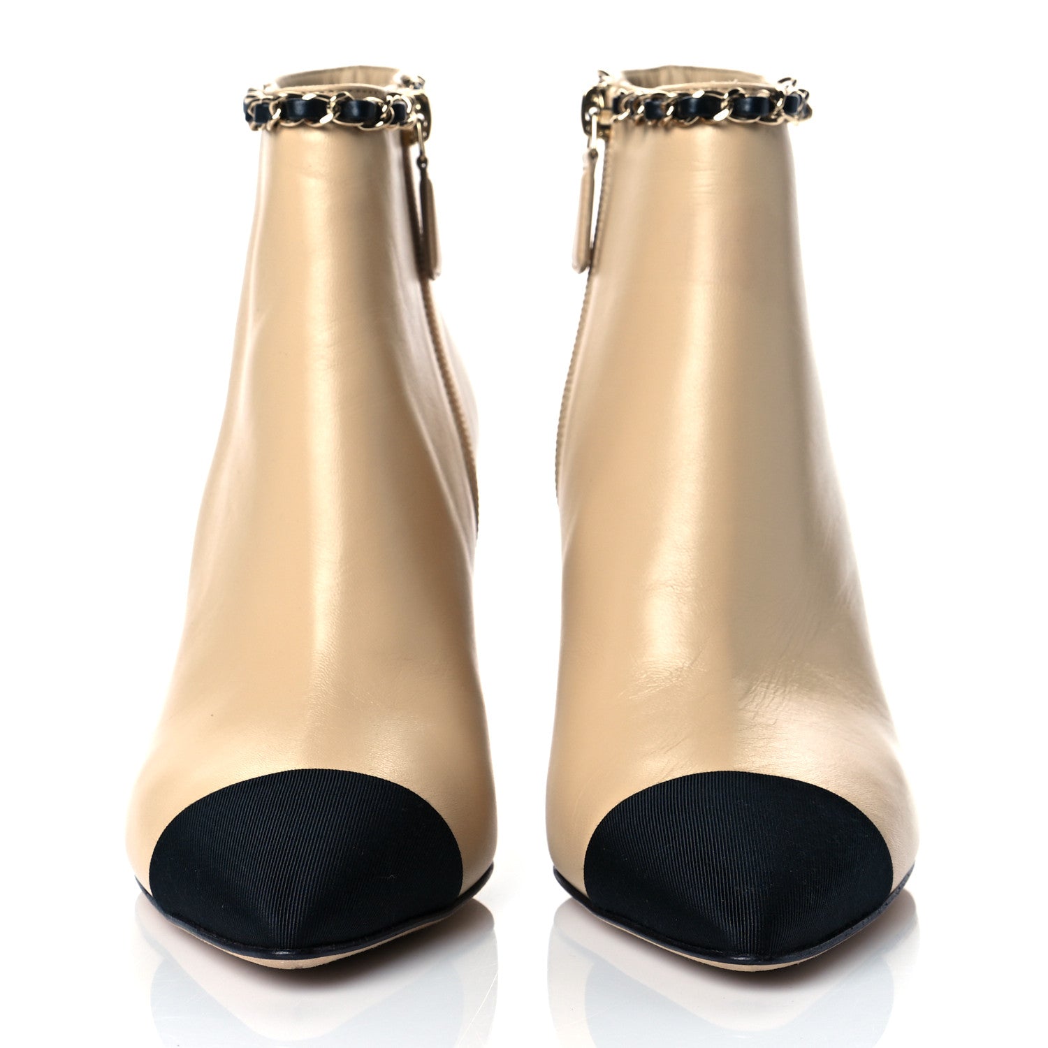 Chanel Lambskin Grosgrain CC Chain Cap Toe Short Boots 36 Beige Black 2 of 12