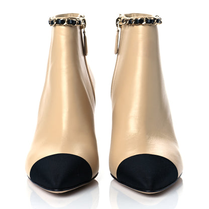 Chanel Lambskin Grosgrain CC Chain Cap Toe Short Boots 36 Beige Black 2 of 12