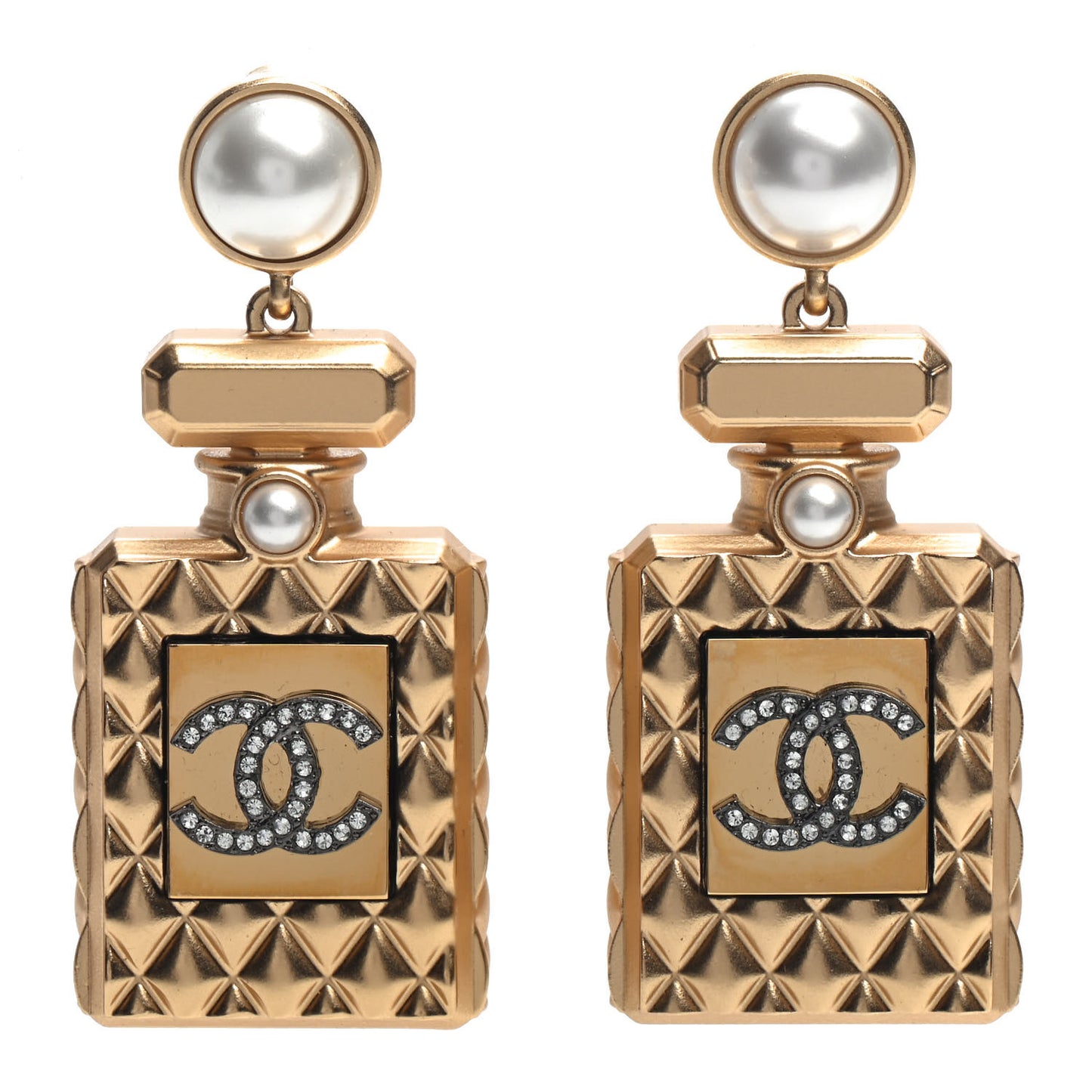 Crystal Pearl CC Perfume Bottle Drop Earrings Gold