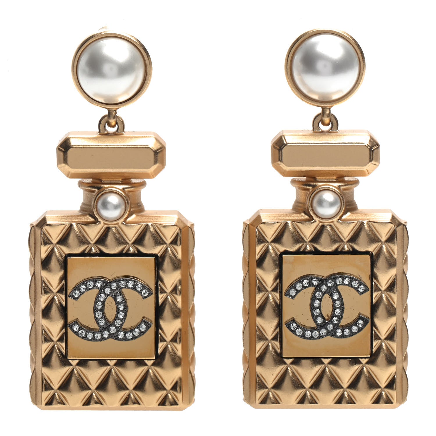 Chanel Crystal Pearl CC Perfume Bottle Drop Earrings Gold 1 of 5