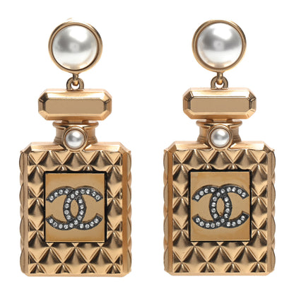 Chanel Crystal Pearl CC Perfume Bottle Drop Earrings Gold 1 of 5