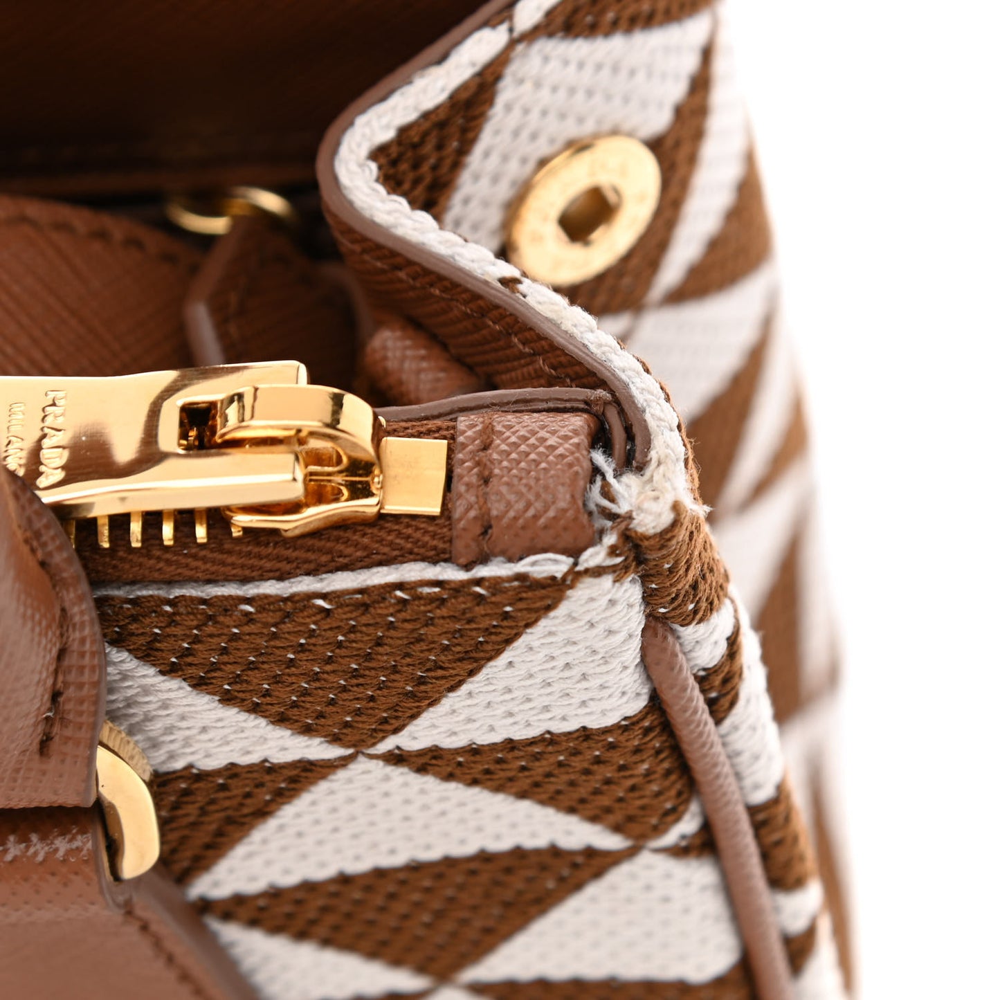 Jacquard Saffiano Triangolo Symbole Embroidered Mini Galleria Double Zip Tote Tabacco Talco