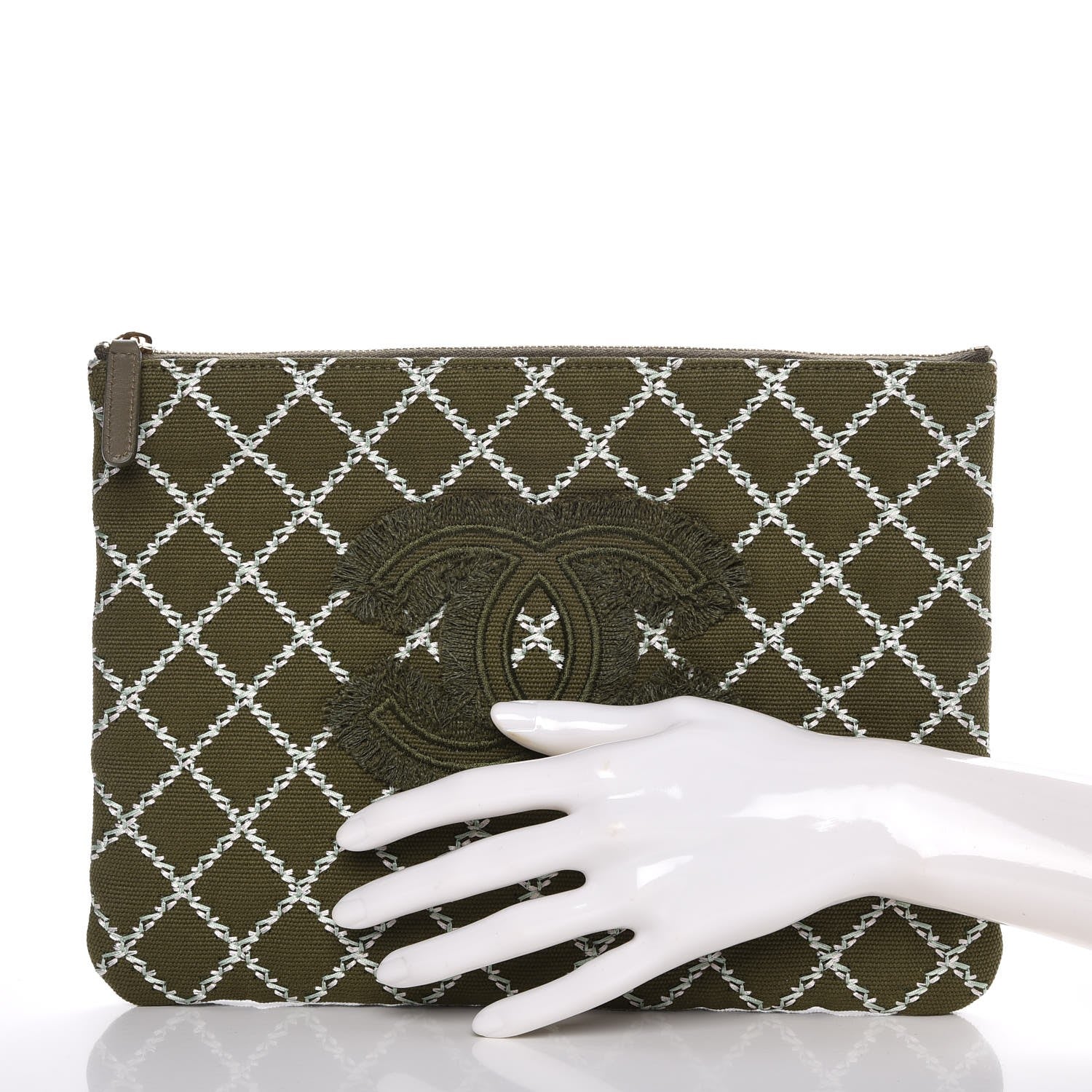 Chanel Canvas Double Stitch CC Medium Cosmetic Case Khaki 2 of 8