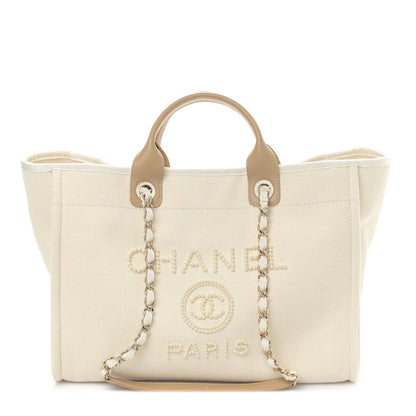 Chanel Canvas Pearl Medium Deauville Tote Ecru Beige 1 of 9