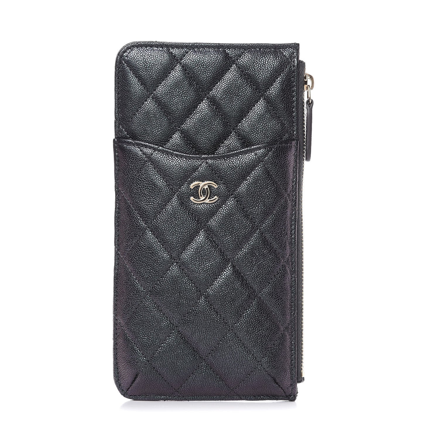 Iridescent Caviar Quilted Classic Flat Wallet Pouch Black