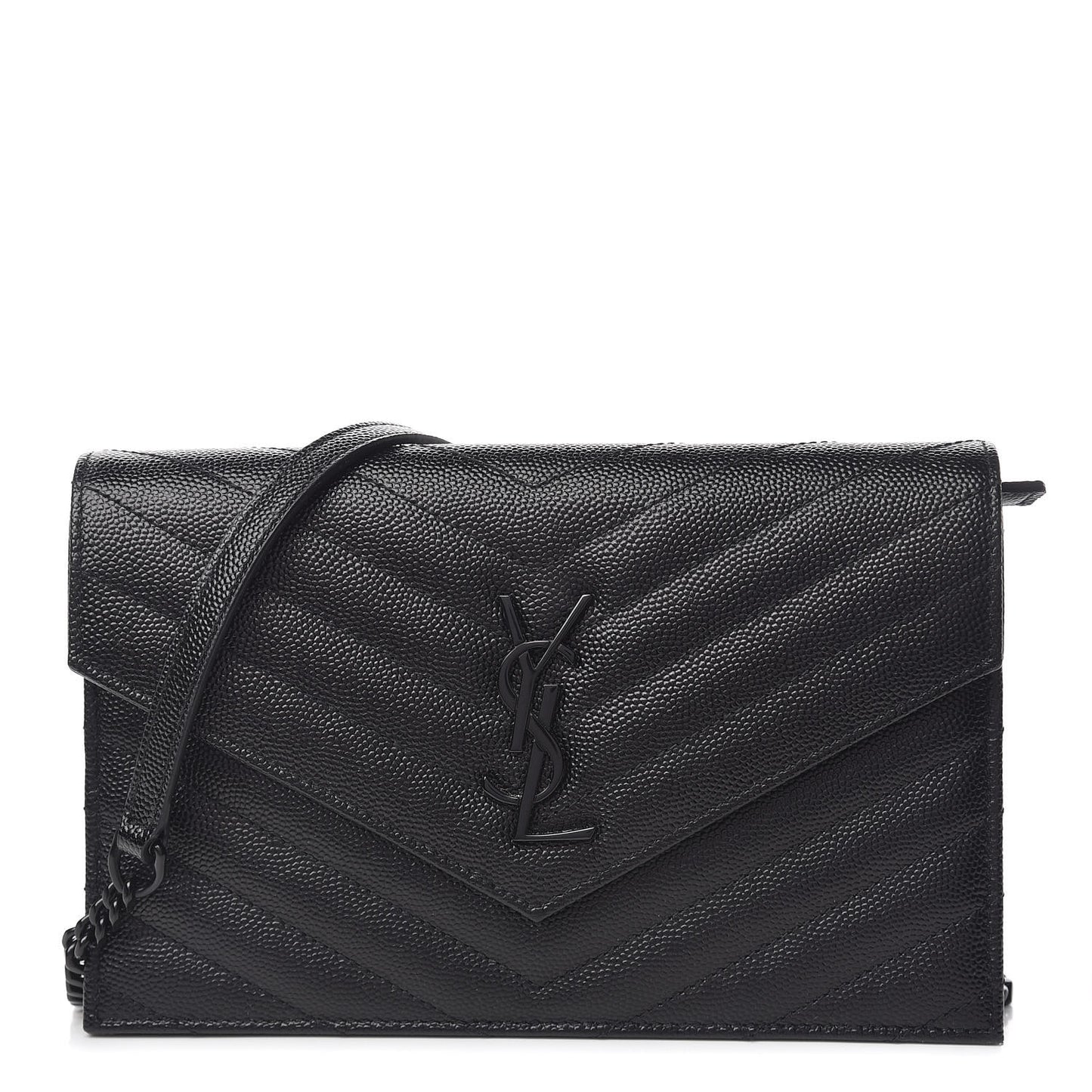Grain De Poudre Matelasse Chevron Monogram Envelope Chain Wallet Black