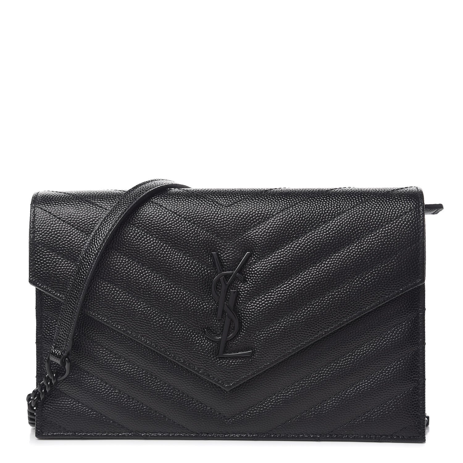 Saint Laurent Grain De Poudre Matelasse Chevron Monogram Envelope Chain Wallet Black 1 of 14