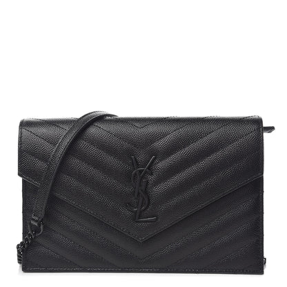Saint Laurent Grain De Poudre Matelasse Chevron Monogram Envelope Chain Wallet Black 1 of 14
