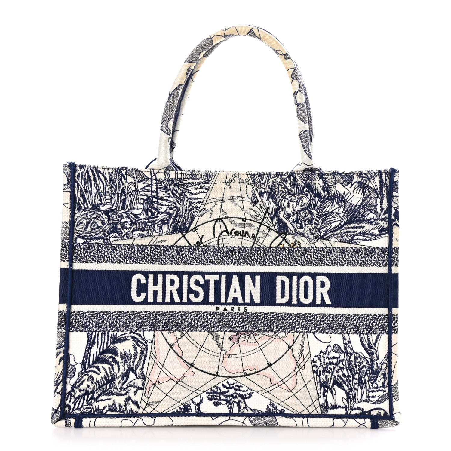 Christian Dior Canvas Embroidered Medium Around The World Book Tote Blue 1 of 10
