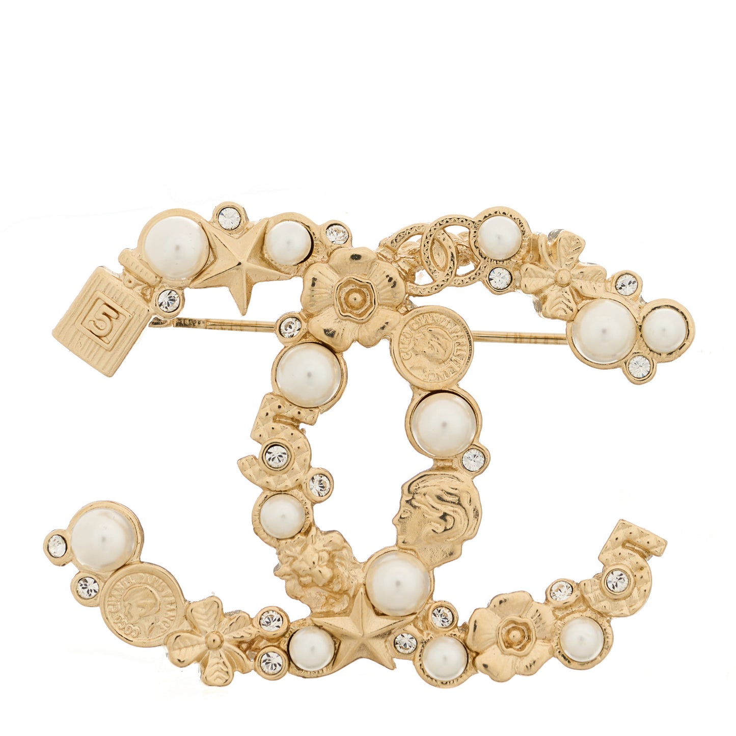 Pearl Crystal CC Flower Brooch White Nacre Gold